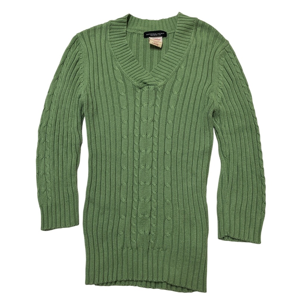 Vintage‎ Reference Point Y2K Sweater  L Green Cable Knit V Neck Fitted Preppy
